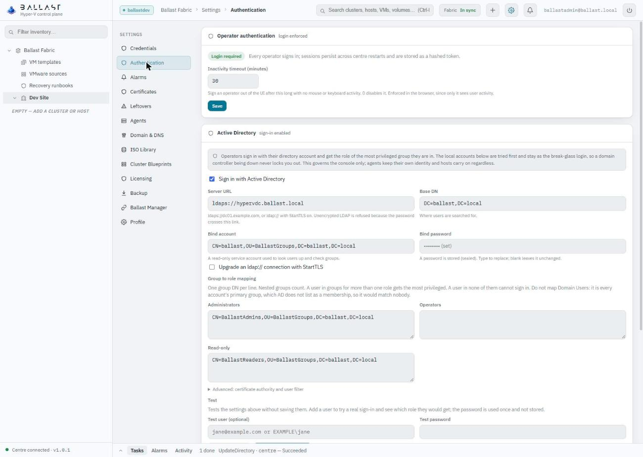 Ballast console Settings, Authentication page showing the Active Directory panel: server URL, base DN, bind account, group-to-role mapping and the Test section