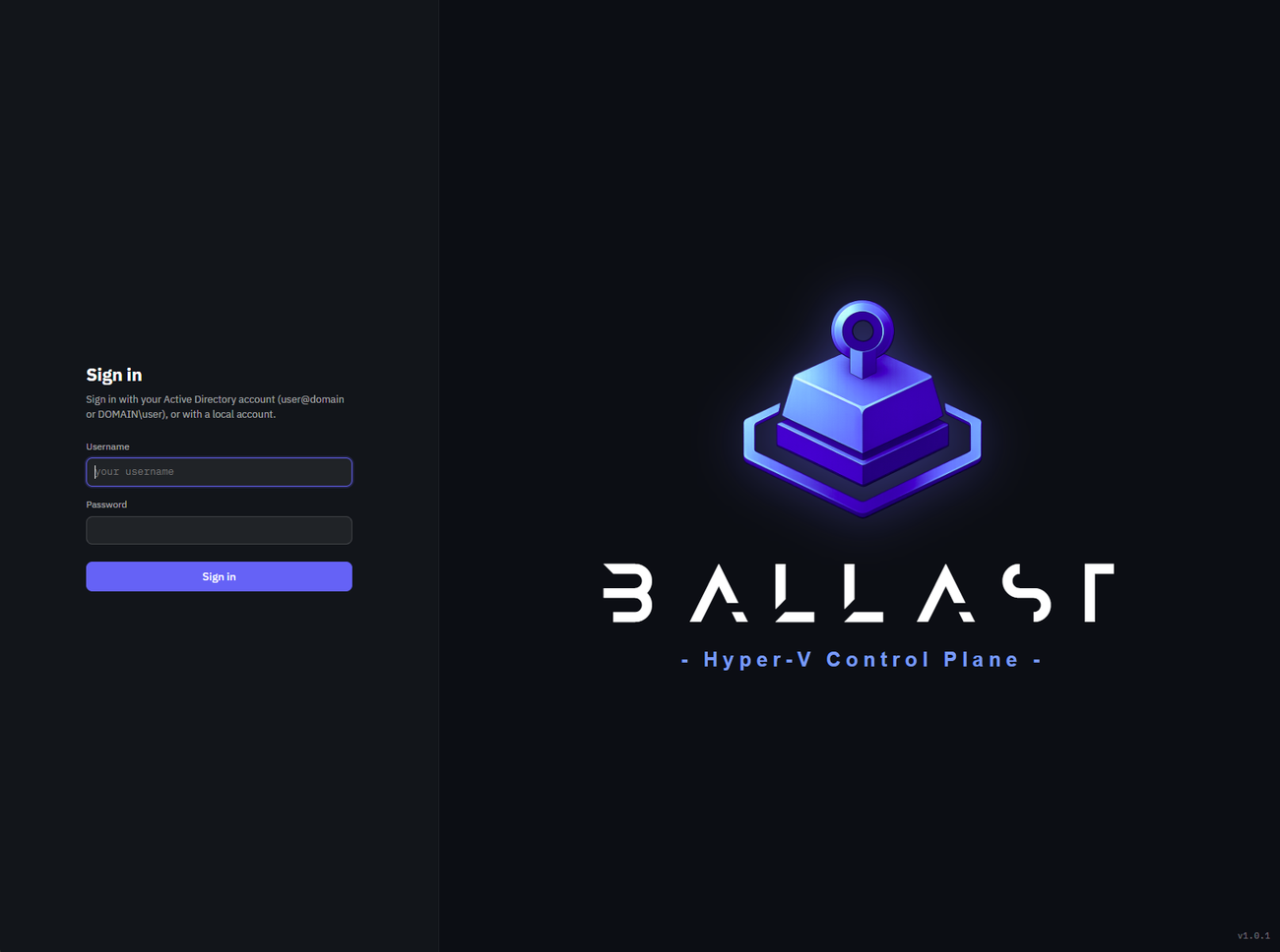 The Ballast sign-in screen once directory sign-in is on, saying to sign in with an Active Directory account as user@domain or DOMAIN\user, or with a local account