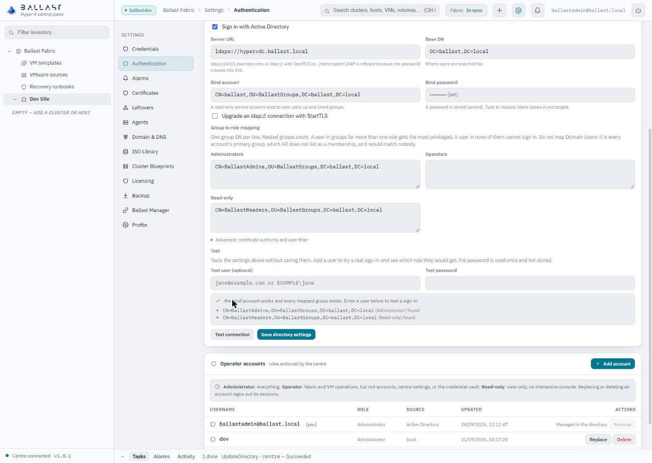 The Test section after a successful check: the bind account works and every mapped group exists, with each group listed as found