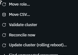 Ballast console cluster context menu open, showing Move role, Move CSV, Validate cluster, Reconcile now, Update cluster (rolling reboot), and Find unmanaged resources highlighted