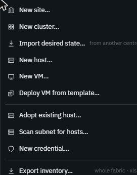 Ballast console + menu open, showing New site, New cluster, Import desired state, New host, New VM, Deploy VM from template, Adopt existing host, Scan subnet for hosts, New credential and Export inventory