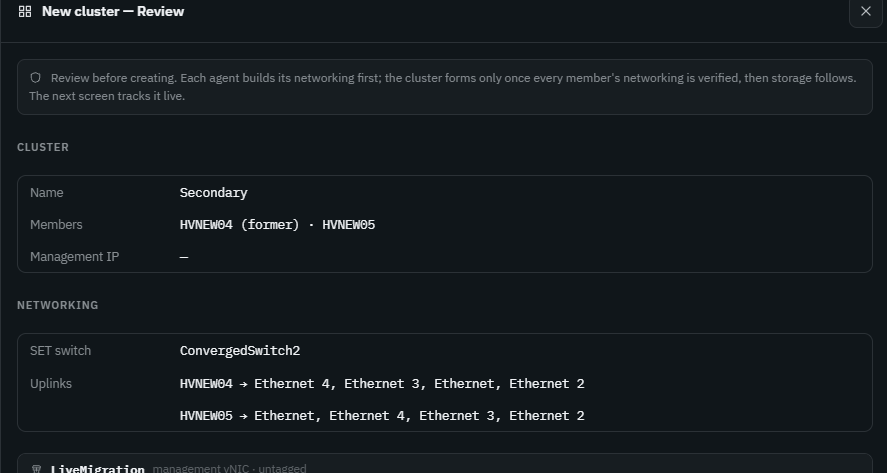 Ballast console New cluster — Review step showing cluster name Secondary, both member hosts, the imported SET switch and its uplinks per host