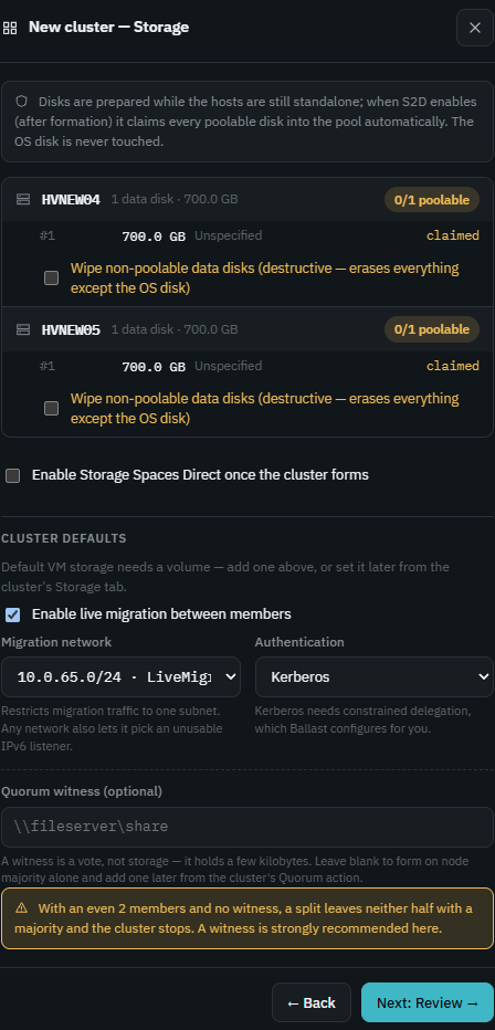 Ballast console New cluster — Storage step listing one 700GB unpooled data disk per host, "Enable Storage Spaces Direct" left unchecked, live migration network and quorum witness fields below