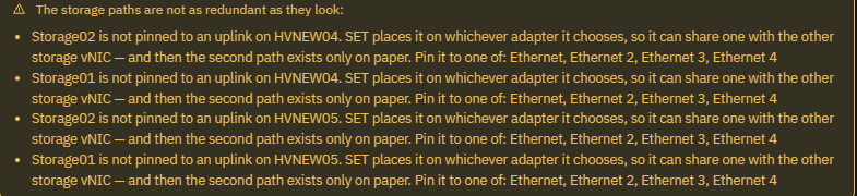 Ballast console warning after importing an existing switch: Storage02 and Storage01 look like storage vNICs but their purpose could not be read from the host, asking the operator to set it and pin it to an uplink