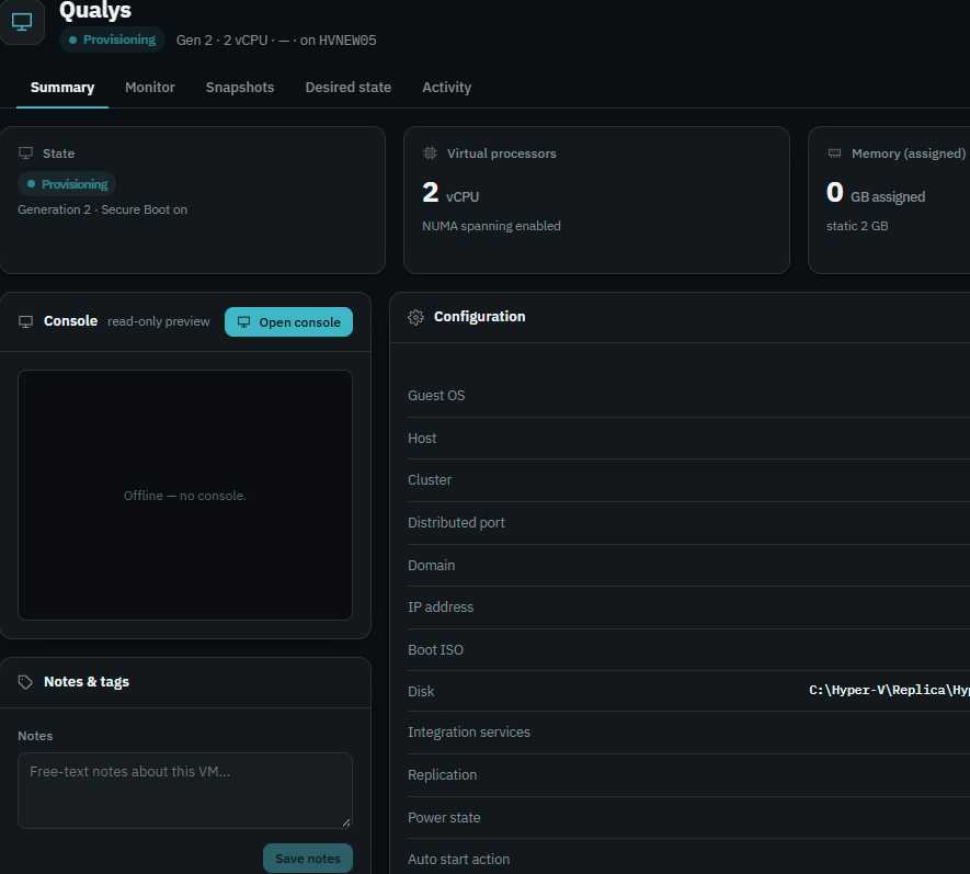 Ballast console VM detail for the newly adopted Qualys VM, Provisioning state, placement Cluster: Secondary, host HVNEW05