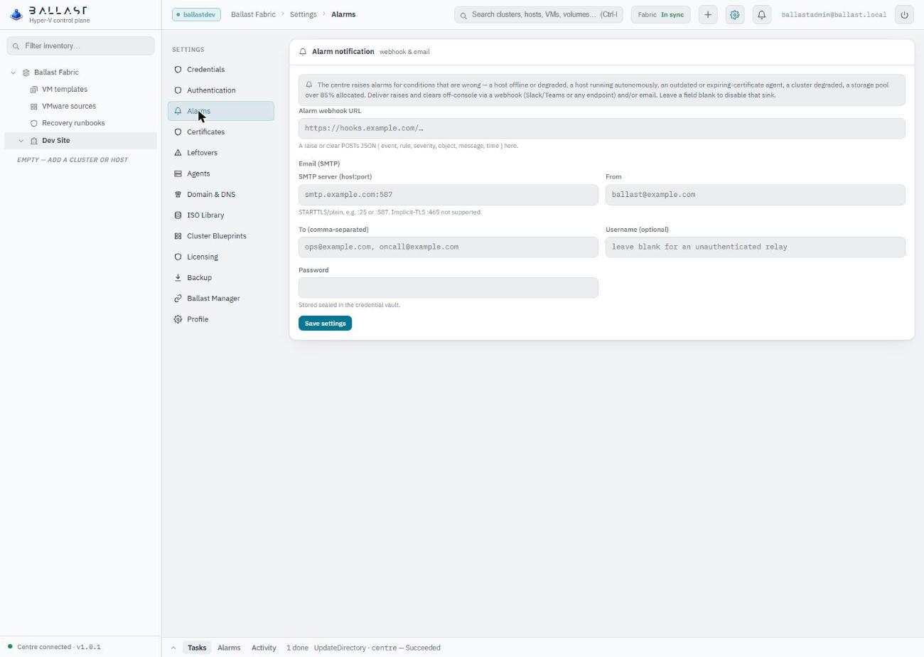 Ballast console Settings, Alarms page showing the webhook URL and the email (SMTP) fields