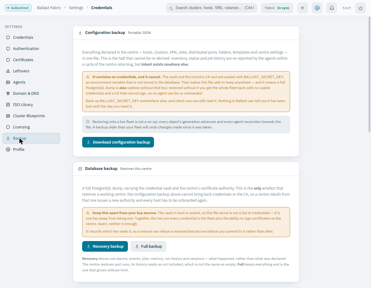 Ballast console Settings → Backup page showing the configuration backup panel with its warning that it contains no credentials