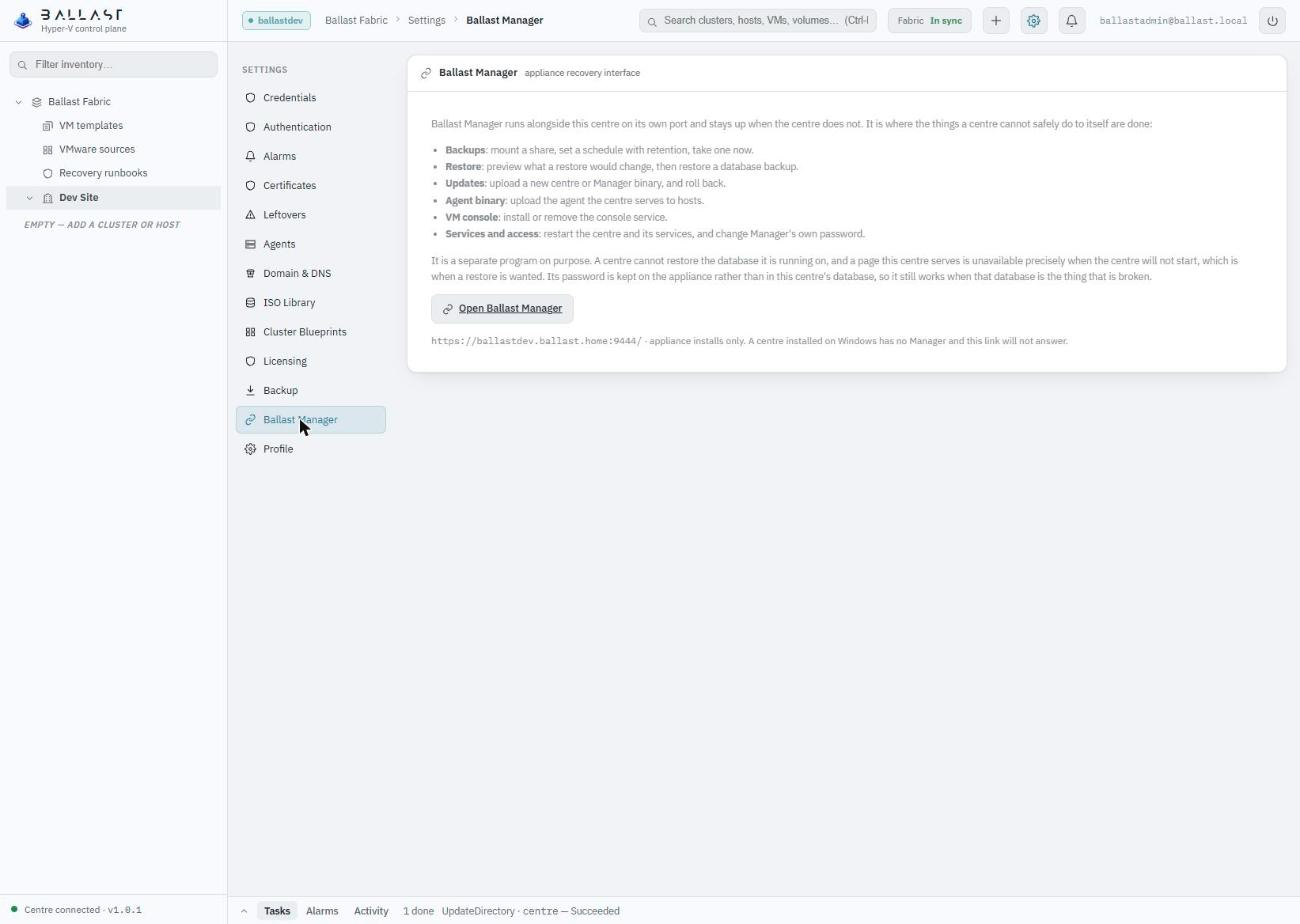 Ballast console Settings, Ballast Manager page listing what Manager is for, with a button that opens it