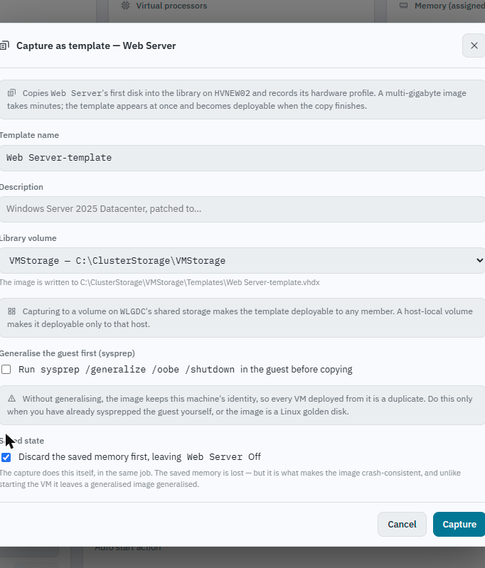 Ballast console Capture as template dialog for a VM: template name, description, library volume, an option to run sysprep /generalize /oobe /shutdown first, and an option to discard saved state