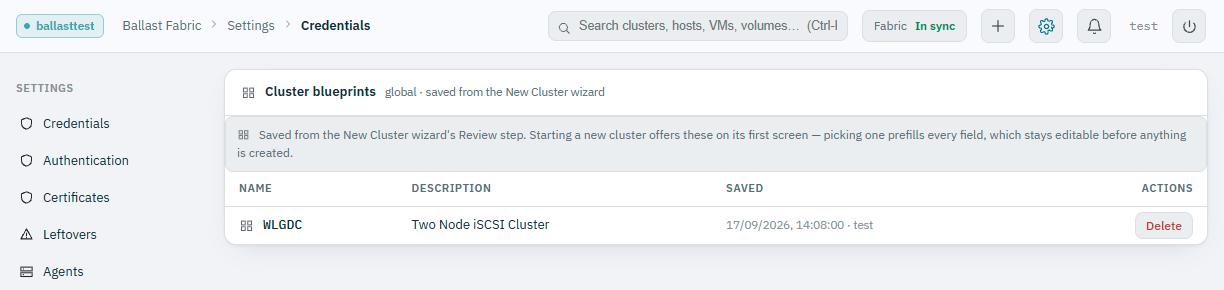 Ballast console Cluster Blueprints settings page listing saved blueprints with name, description and saved date