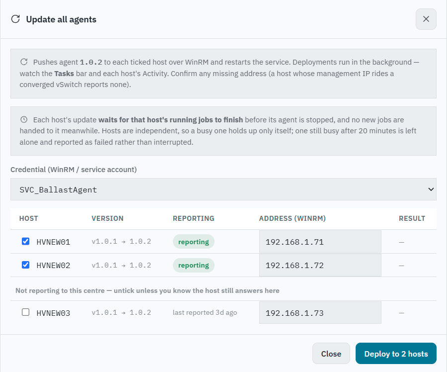 Ballast console Update all agents dialog: notes that it pushes agent 1.0.2 over WinRM and that each host waits for its running jobs, a credential picker, two reporting hosts ticked with their WinRM addresses, a third host listed under Not reporting to this centre and unticked, and a Deploy to 2 hosts button