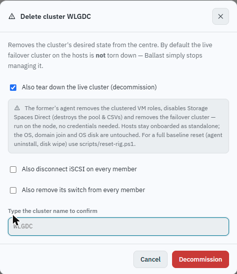 Ballast console Delete cluster dialog with decommission ticked, showing the warning that this destroys Storage Spaces Direct's pool and CSVs, and the confirmation field requiring the cluster name to be typed