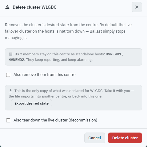 Ballast console Delete cluster dialog: default state, stopping management only, with checkboxes for also removing the hosts, exporting desired state, and tearing down the live cluster