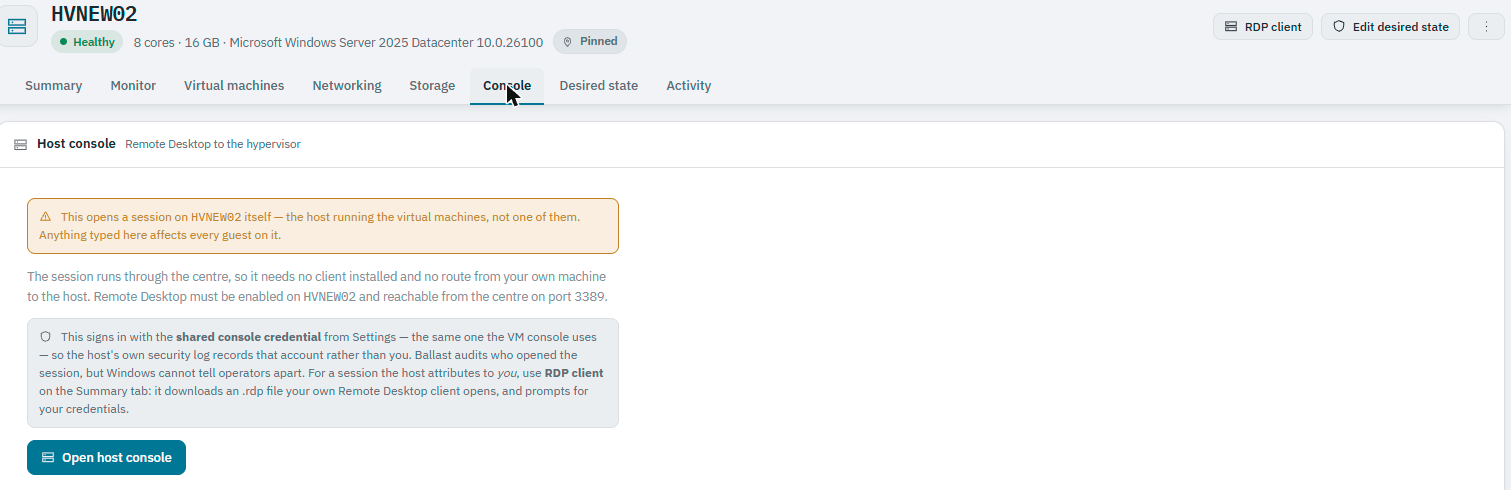 Ballast console host detail Console tab: Remote Desktop to the hypervisor, with a warning that this opens a session on the host itself, affecting every guest on it