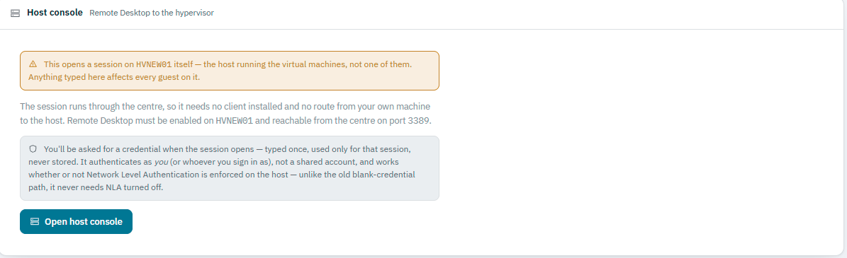 Ballast console host detail Console tab: Remote Desktop to the hypervisor, with a warning that this opens a session on the host itself, and a note that the session asks for a credential typed once and never stored, attributed to whoever signs in