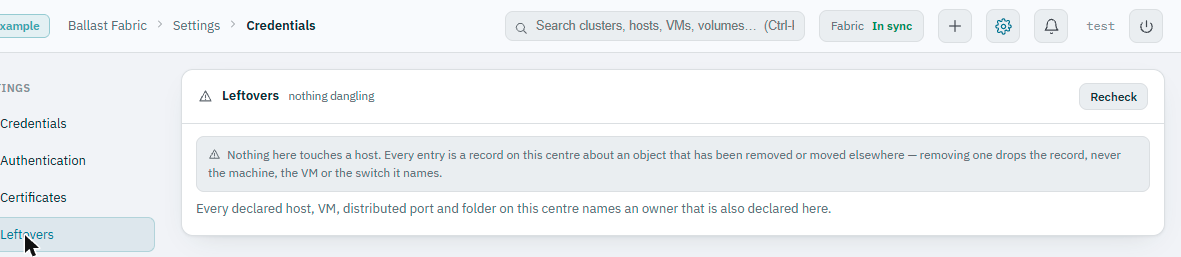 Ballast console Leftovers page showing one record: a distributed port named Native on switch ConvergedSwitch, scoped to cluster WLGDC, which is no longer declared, removing it drops only the port declaration, not the switch or any host