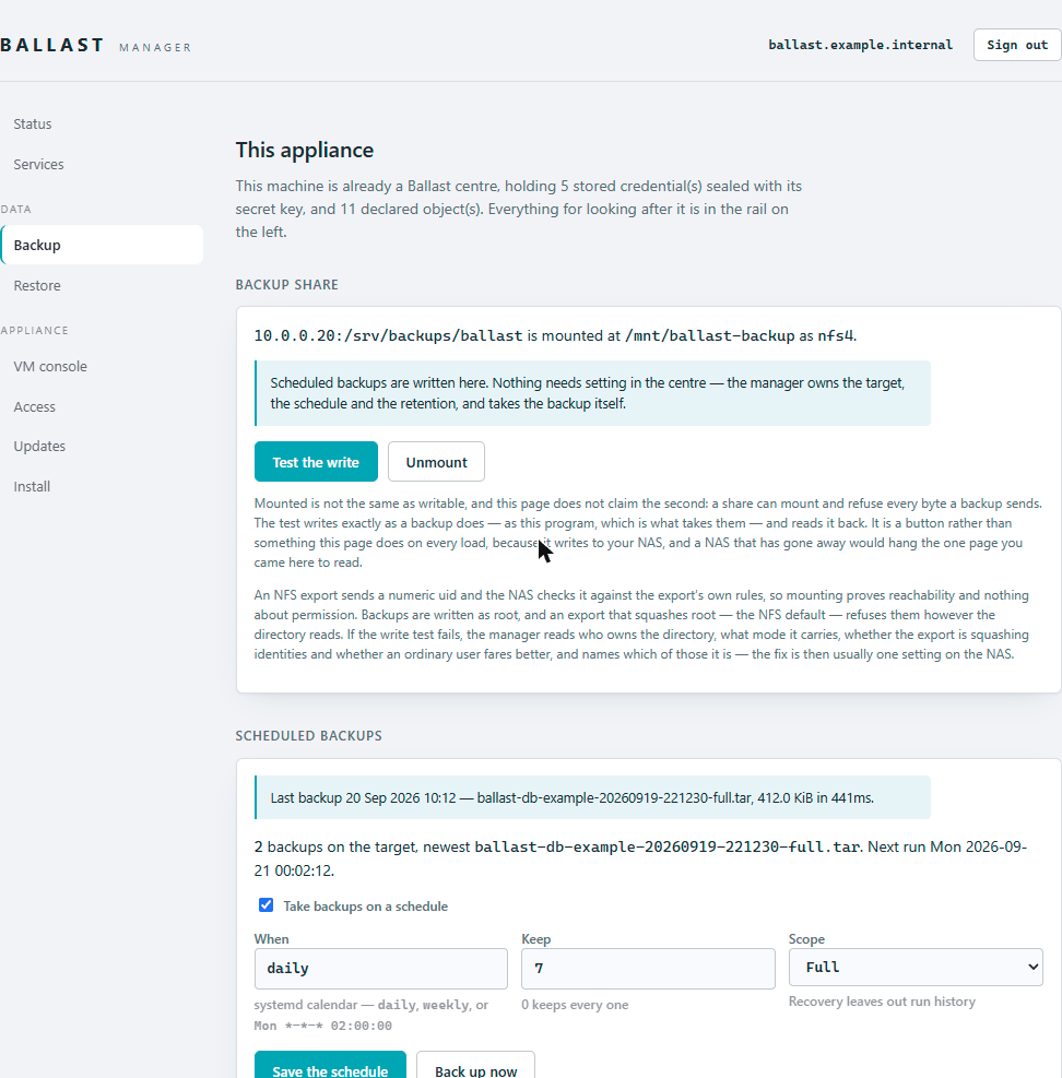 Ballast Manager's Backup page showing the mounted share, scheduled-backup outcome, and the schedule form