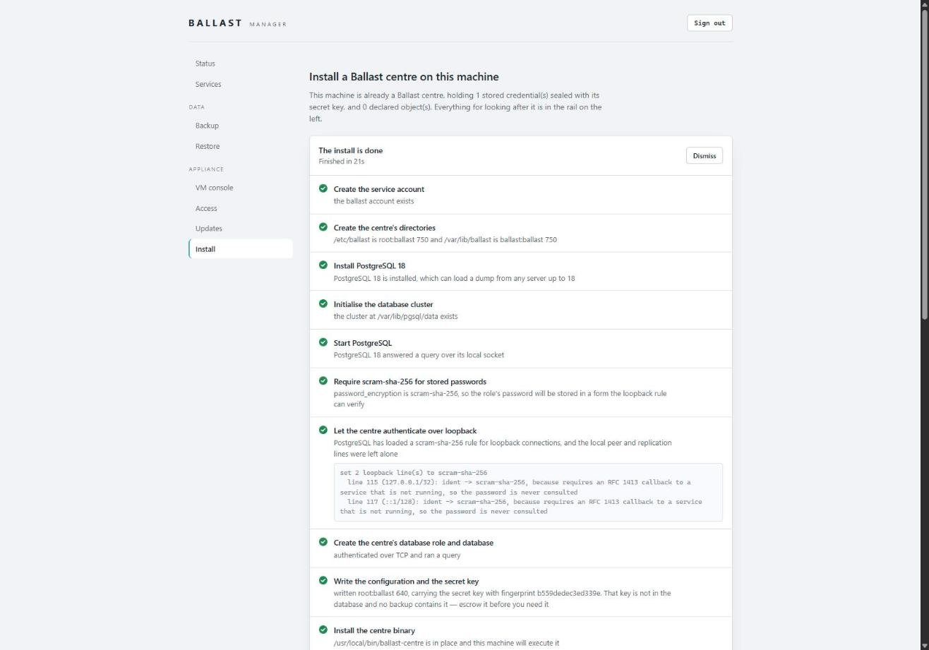 Ballast Manager's install page after a completed run: every one of the 16 steps ticked green, each with the outcome it verified, ending in "The install is done, Finished in 21s"
