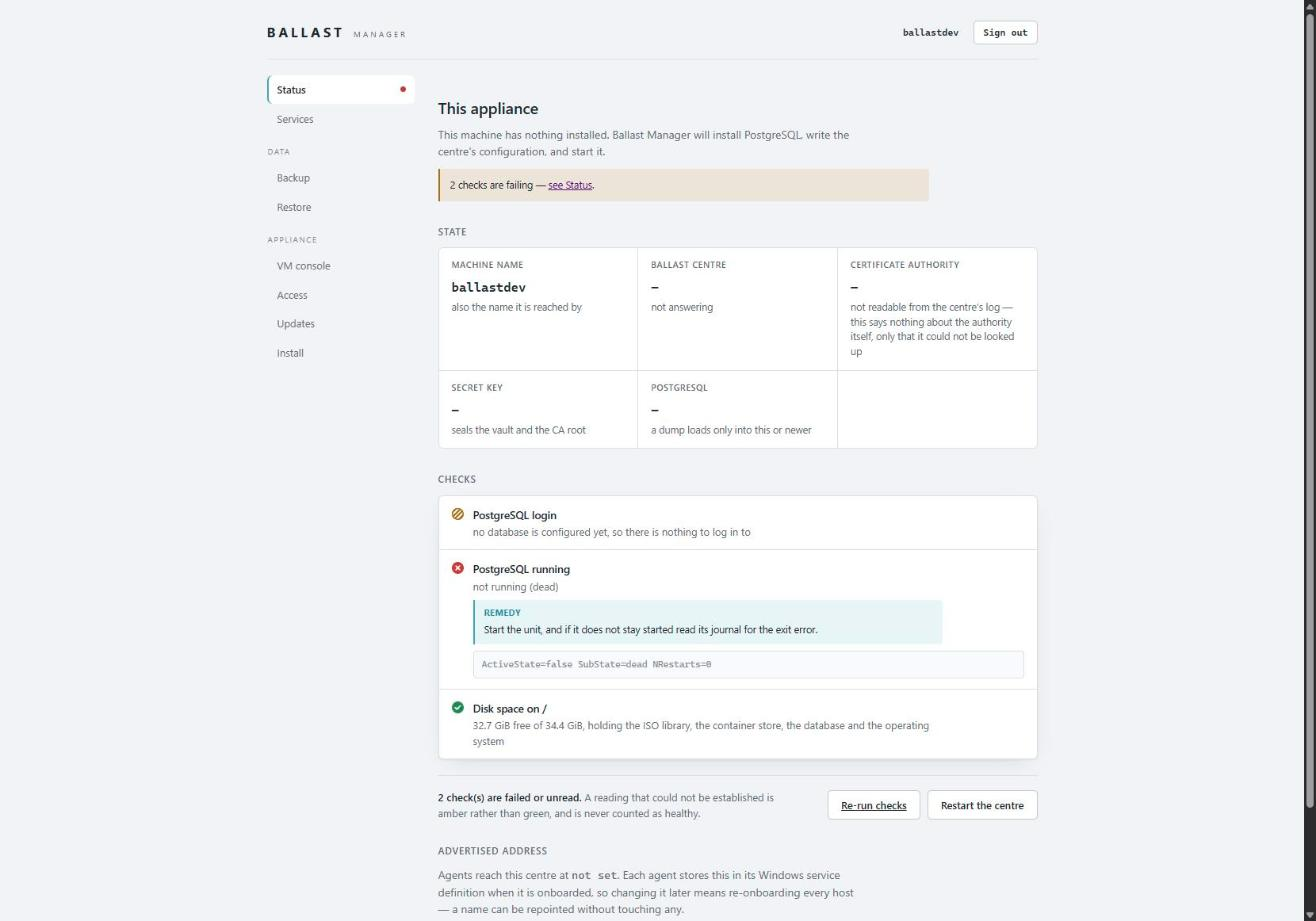 Ballast Manager's Status page on a bare box before anything is installed: every state field reads "—", PostgreSQL running fails as not-yet-started, and disk space is the only passing check
