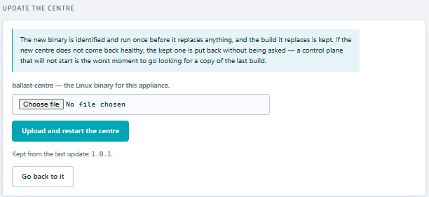 Ballast Manager's Update the centre section: a note that the new binary is run once before it replaces anything and the old one is kept, a file picker for ballast-centre, the Upload and restart the centre button, and Go back to it for the kept build