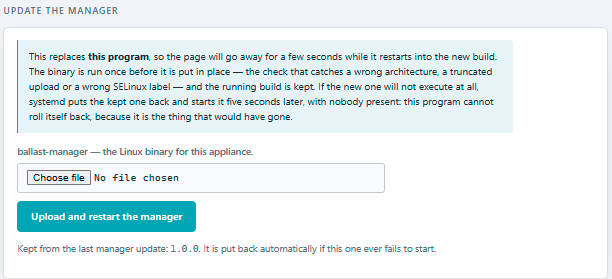 Ballast Manager's Update the manager section: a note that the page goes away for a few seconds while Manager restarts, that the binary is run once before it is put in place and the running build is kept, a file picker for ballast-manager and the Upload and restart the manager button