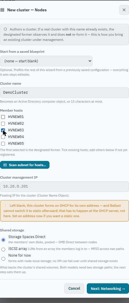 Ballast console New Cluster wizard, step 1: cluster name, member hosts selected, storage model and the "start from a saved blueprint" field