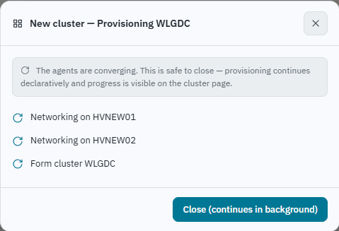Ballast console cluster creation in progress, showing per-step orchestration status across member hosts