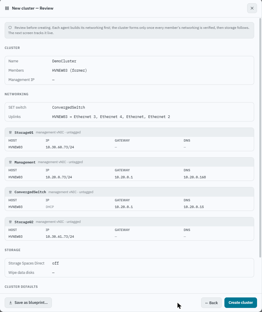 Ballast console New Cluster wizard, step 4: review screen showing member hosts, networking and storage summary before creation