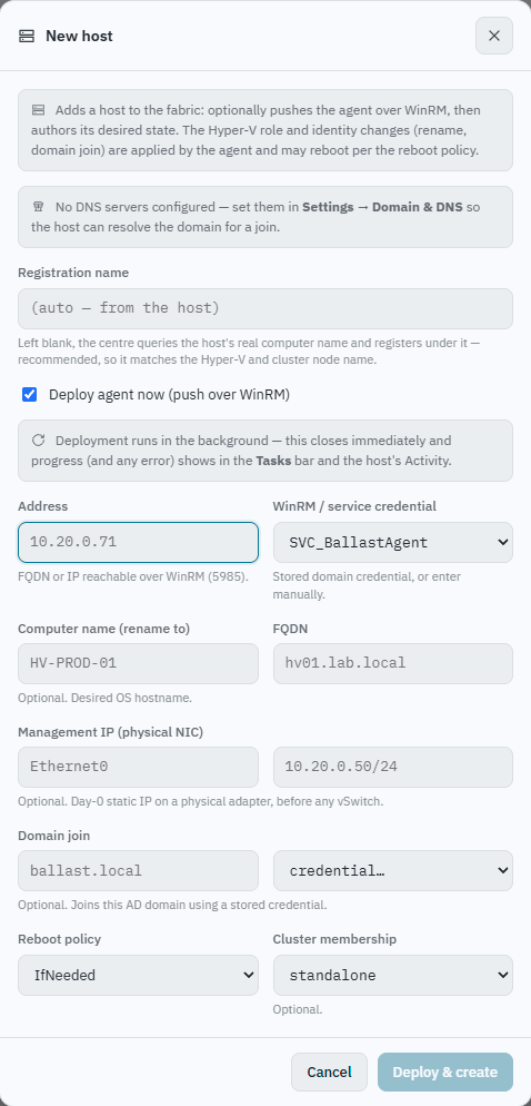 Ballast console New host dialog: address, WinRM credential, optional computer rename, FQDN, management IP, domain join, reboot policy and cluster membership, with a Deploy &amp; create button