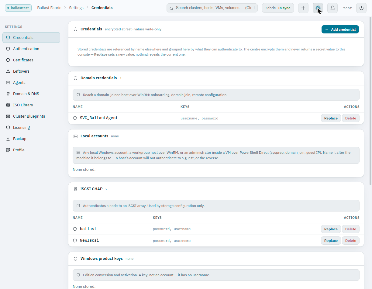 Ballast console Credentials settings page showing credential cards grouped by type