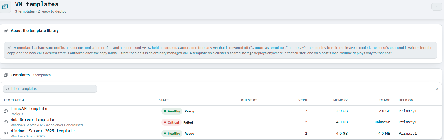 Ballast console VM templates list showing a healthy, ready-to-deploy template