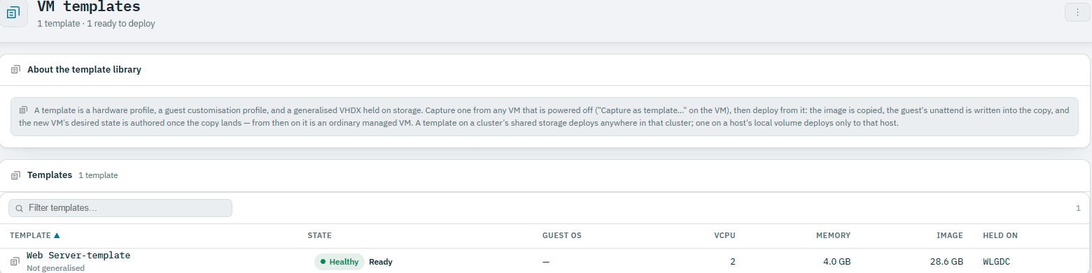 Ballast console VM templates list showing a healthy, ready-to-deploy template